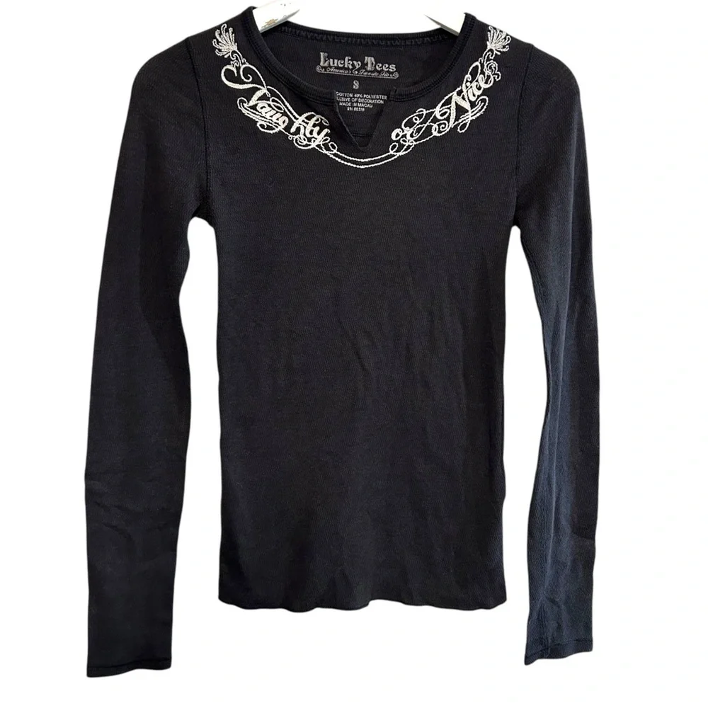 lucky‎ brand S waffle Henley longsleeve tee Y2K embroidered detail wings vintage